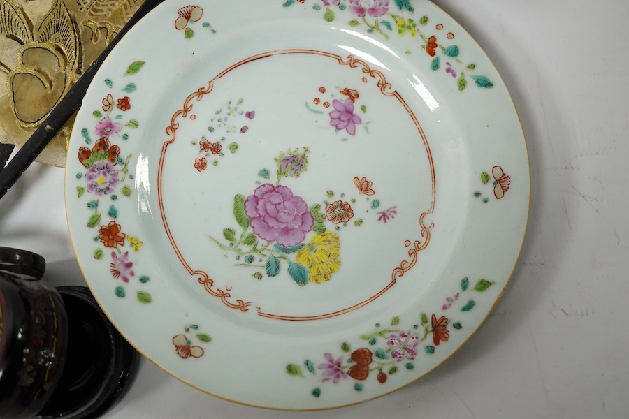 A Chinese famille rose plate a vellum fan, a small group of miniature books, lacquer box and onyx egg, fan 35cm wide. Condition - plate slight chip, rest fair to good